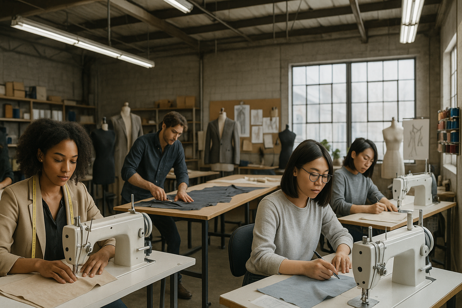 Fashion designer team with sewing machines working in a warehouse.